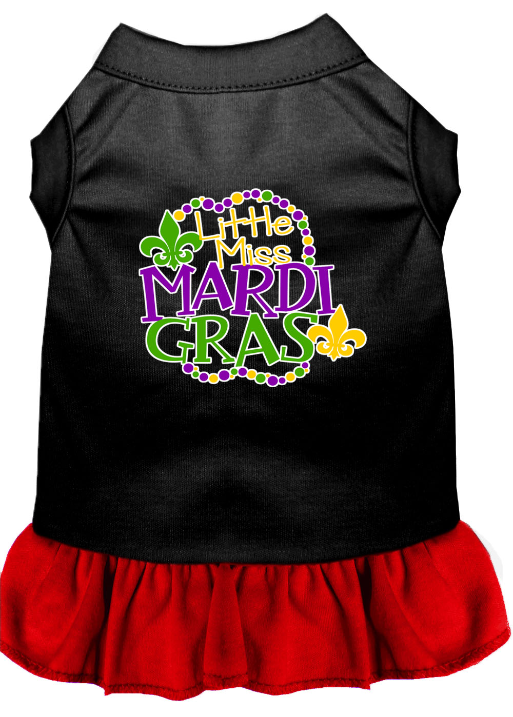Miss Mardi Gras Screen Print Mardi Gras Dog Dress Black with Red Lg